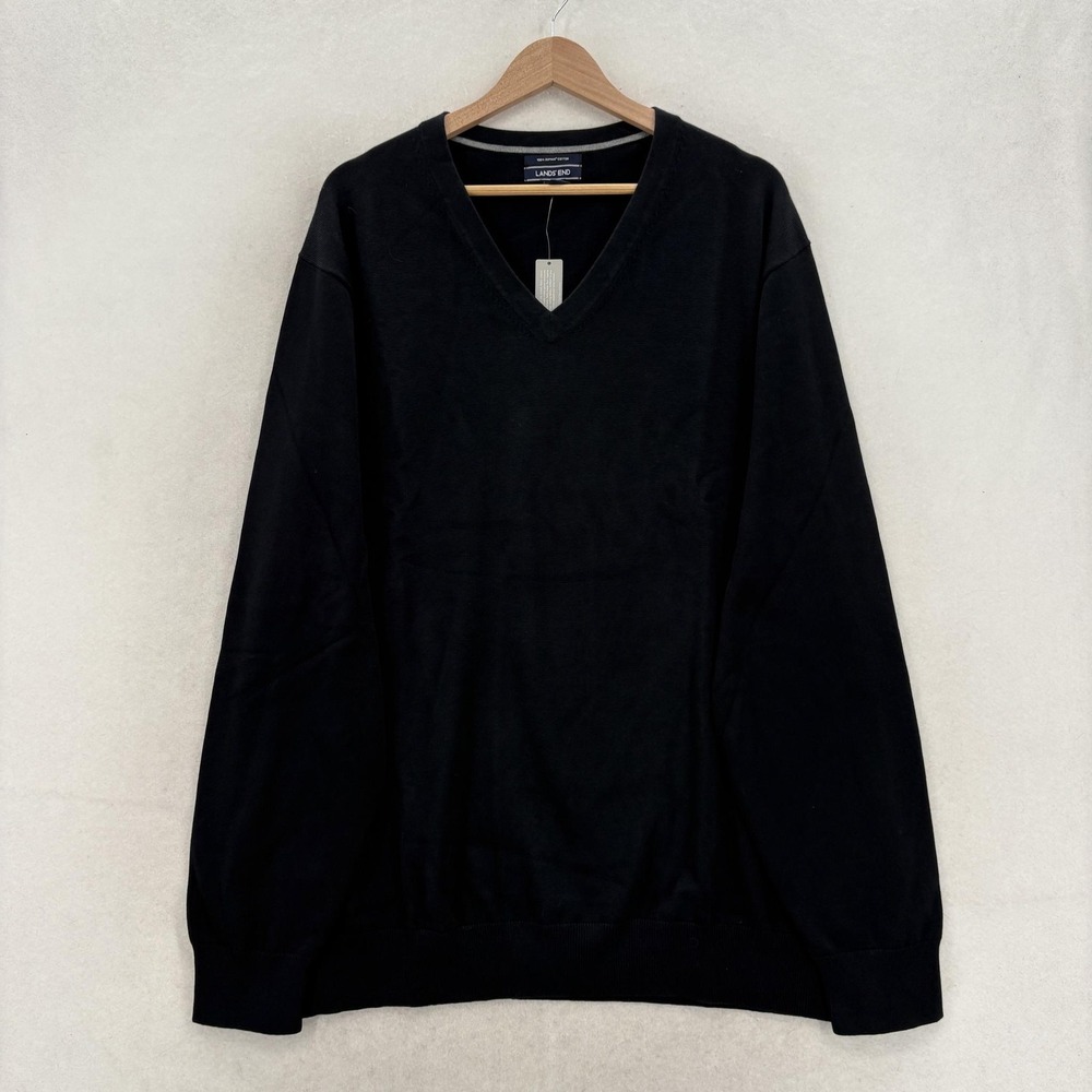 Lands End Sweater Mens 3XLT Black 100% Supima Cotton V Neck Knit Pullover Casual